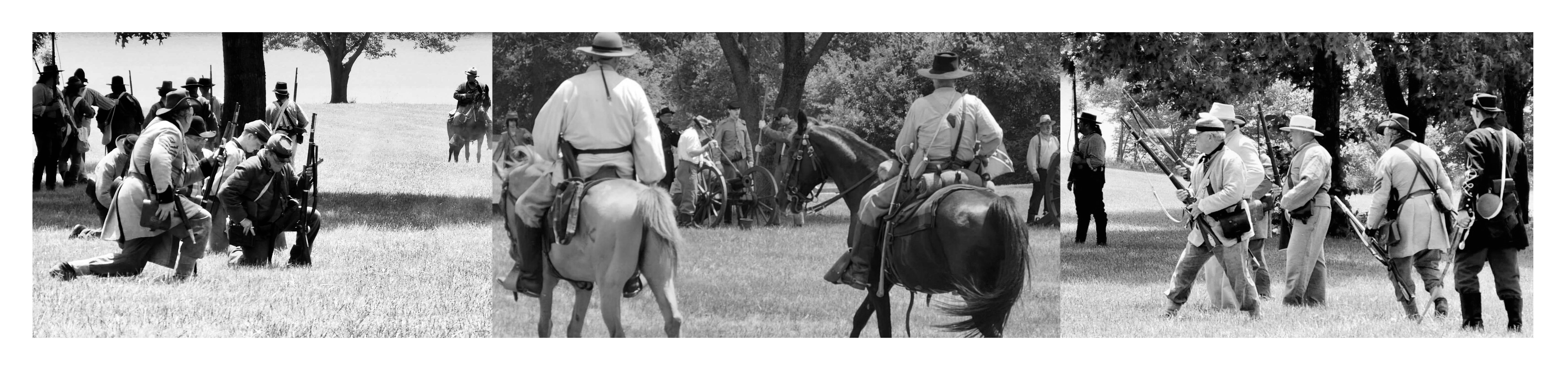 Three black and white images of Battle of Hartsville reenactment.