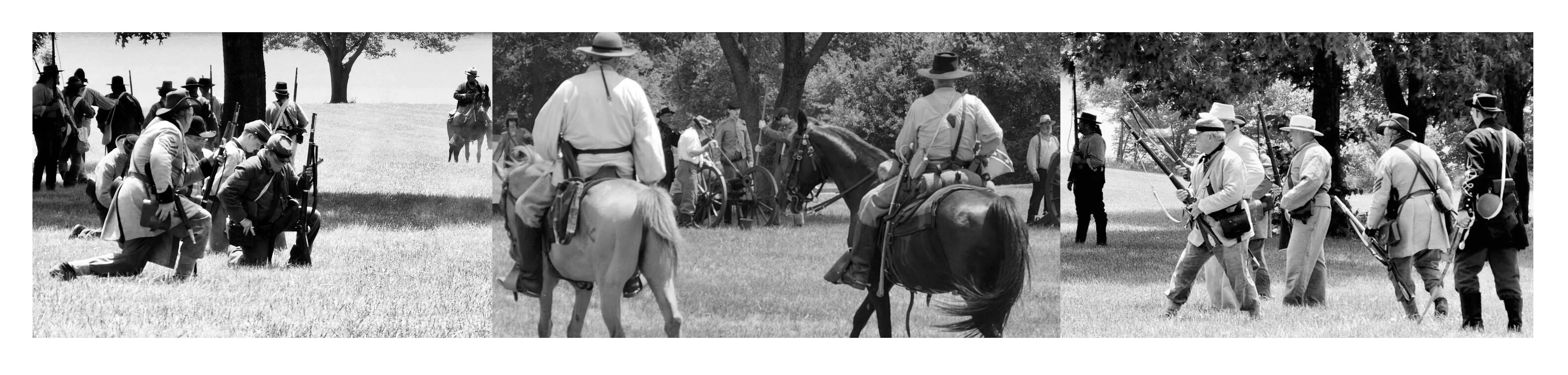 Three black and white images of Battle of Hartsville reenactment.